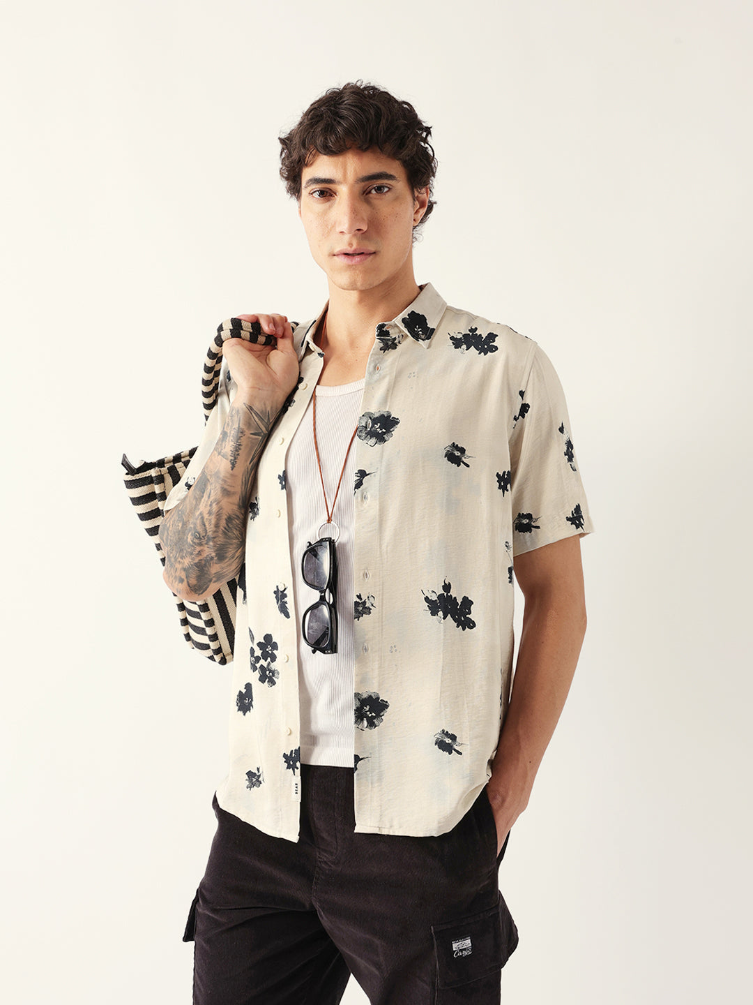 Cream Abstract Botanical Floral Print Regular Fit Casual Shirt