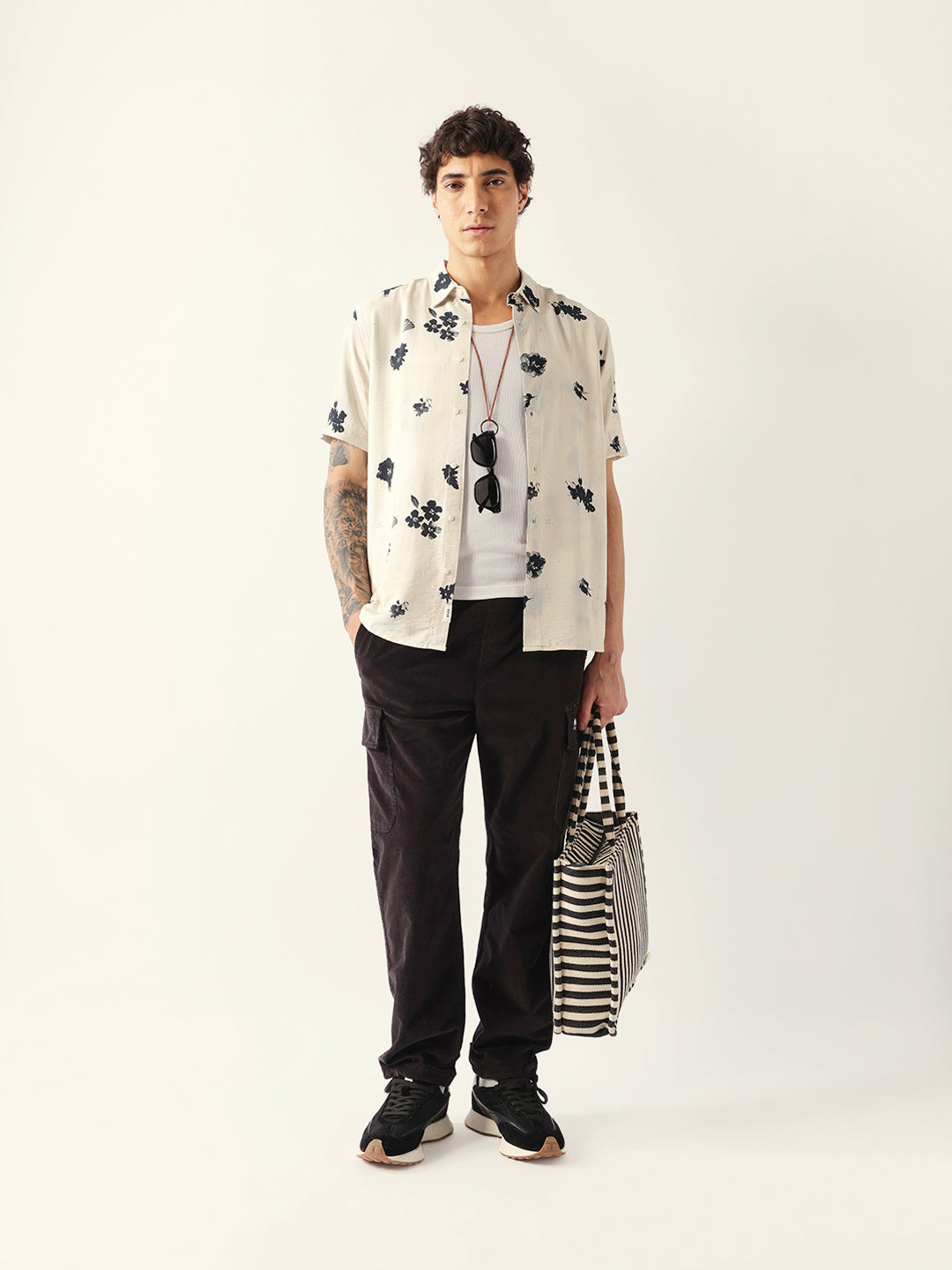 Cream Abstract Botanical Floral Print Regular Fit Casual Shirt