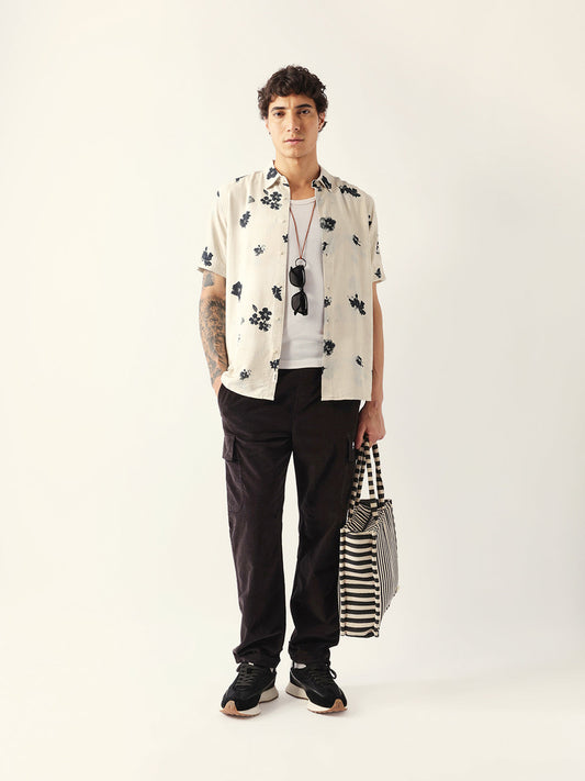 Cream Abstract Botanical Floral Print Regular Fit Casual Shirt