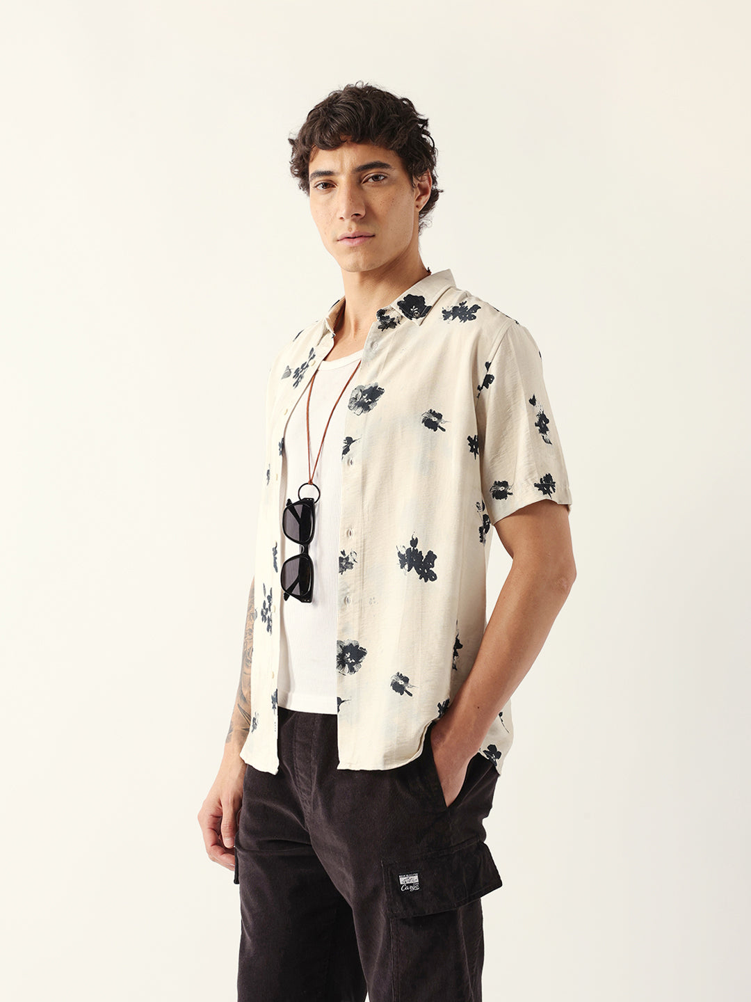 Cream Abstract Botanical Floral Print Regular Fit Casual Shirt
