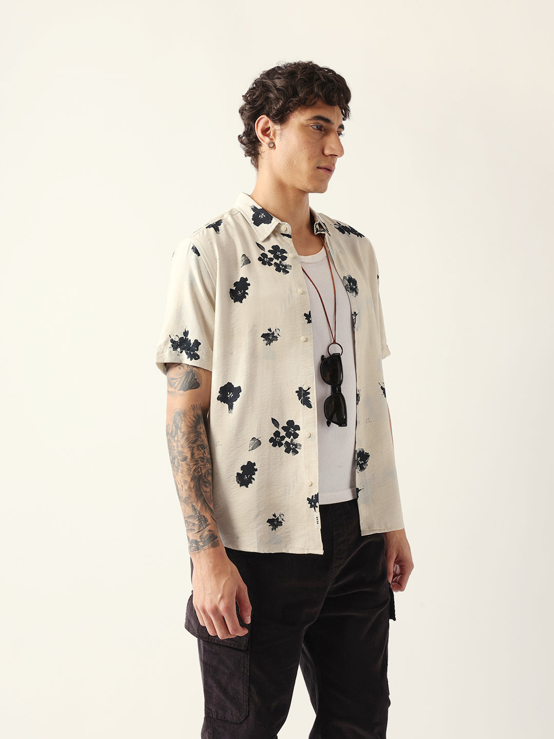 Cream Abstract Botanical Floral Print Regular Fit Casual Shirt