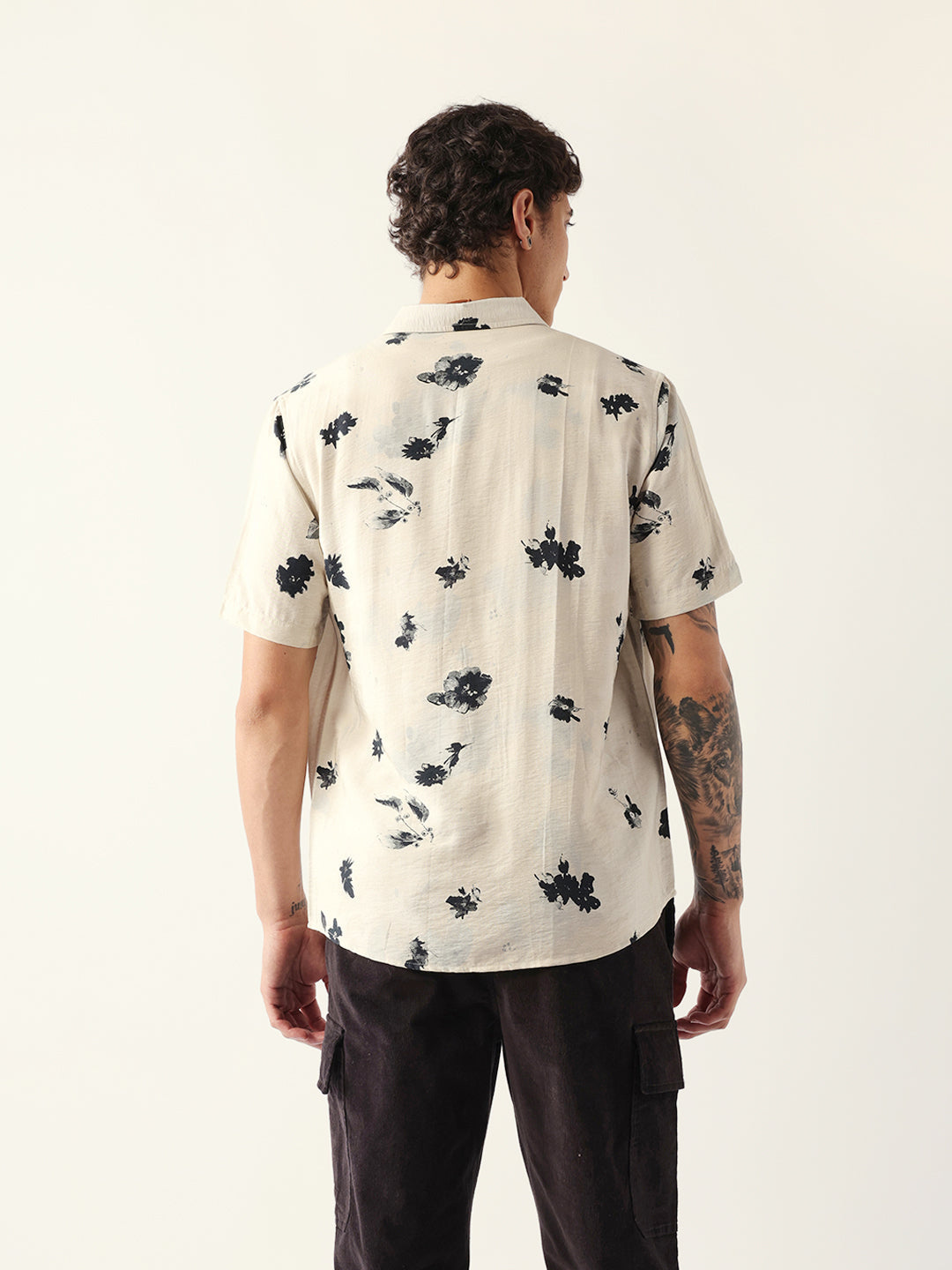 Cream Abstract Botanical Floral Print Regular Fit Casual Shirt