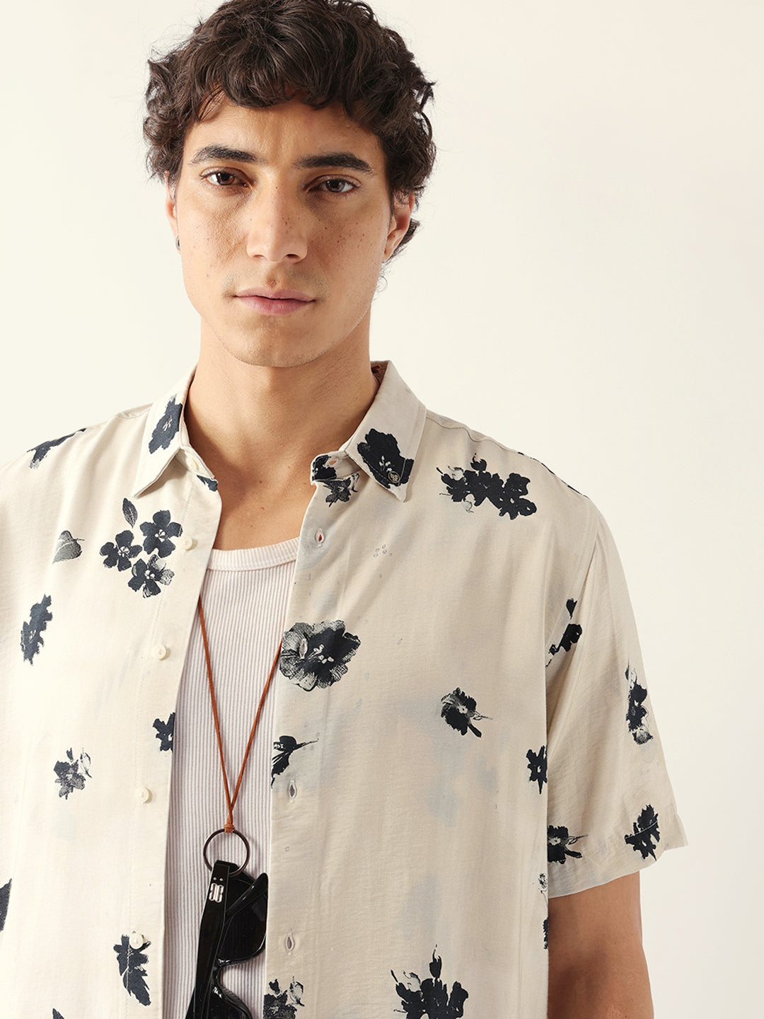 Cream Abstract Botanical Floral Print Regular Fit Casual Shirt