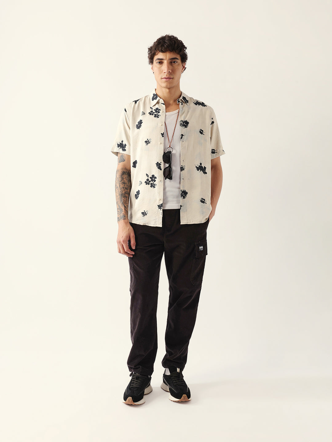 Cream Abstract Botanical Floral Print Regular Fit Casual Shirt