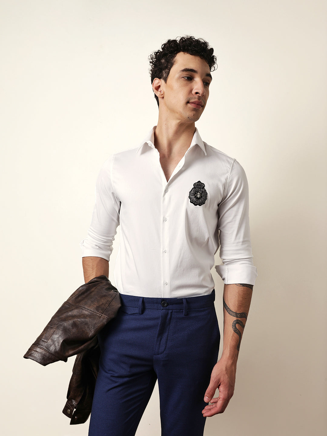 White Tailored Fit Regal Crest Embroidery Formal Party Shirt