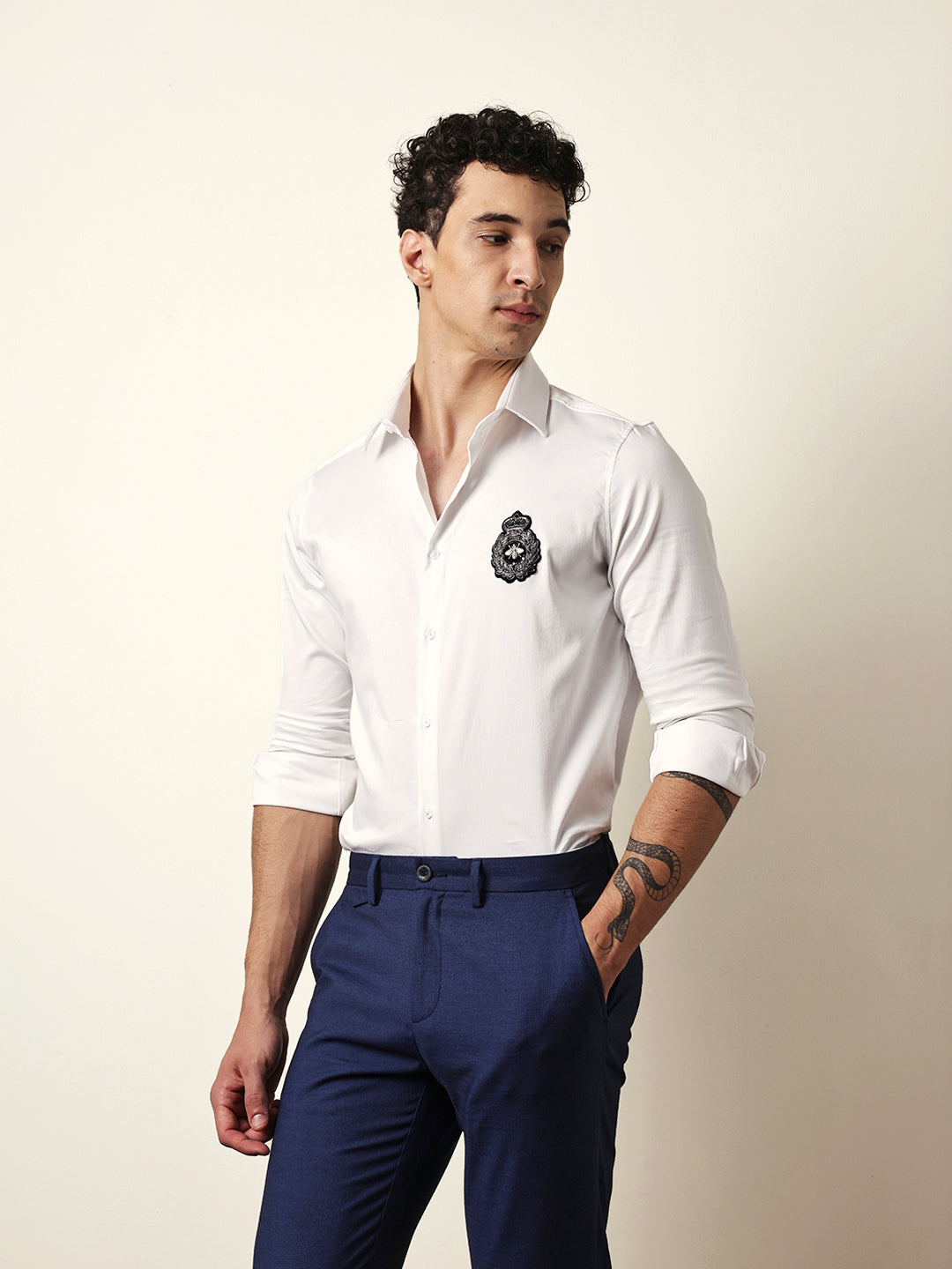 White Tailored Fit Regal Crest Embroidery Formal Party Shirt