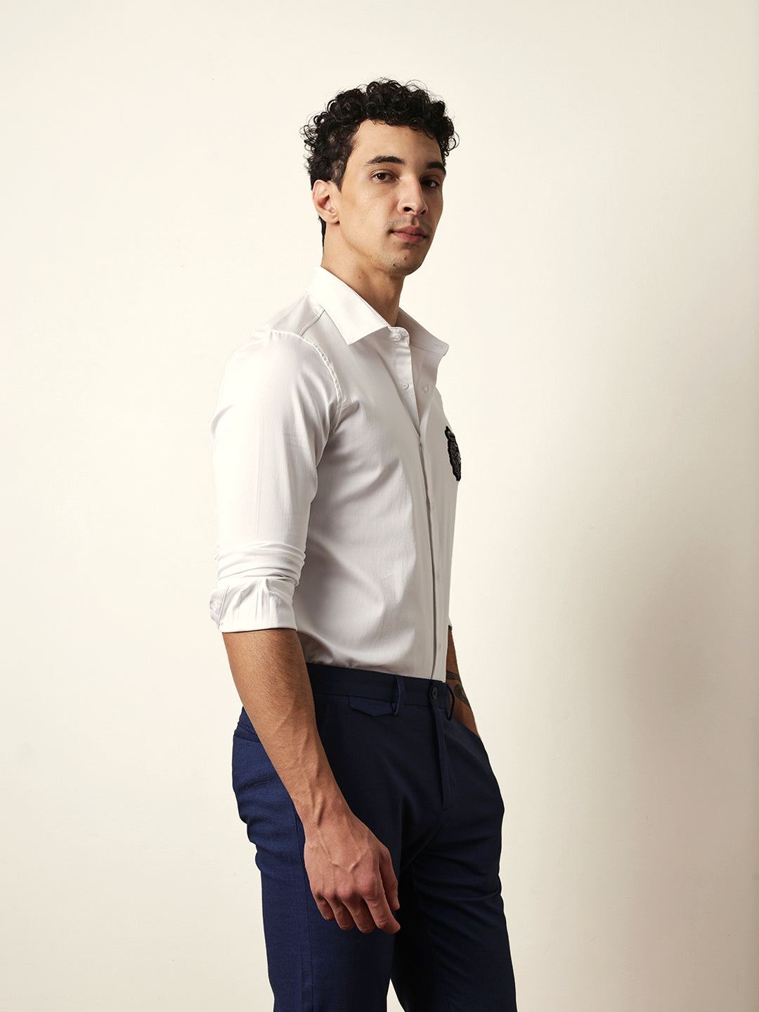 White Tailored Fit Regal Crest Embroidery Formal Party Shirt