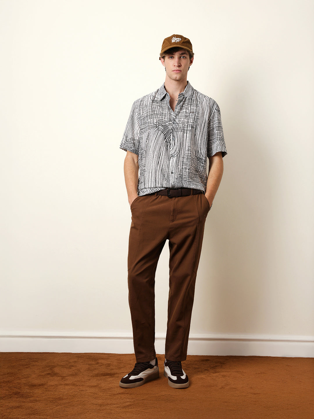 White & Black Abstract Line Print Relax Fit Casual Shirt