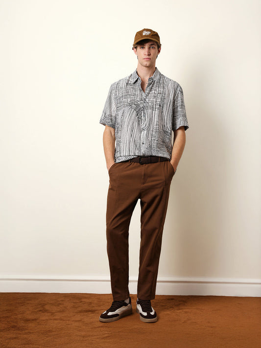 White & Black Abstract Line Print Relax Fit Casual Shirt