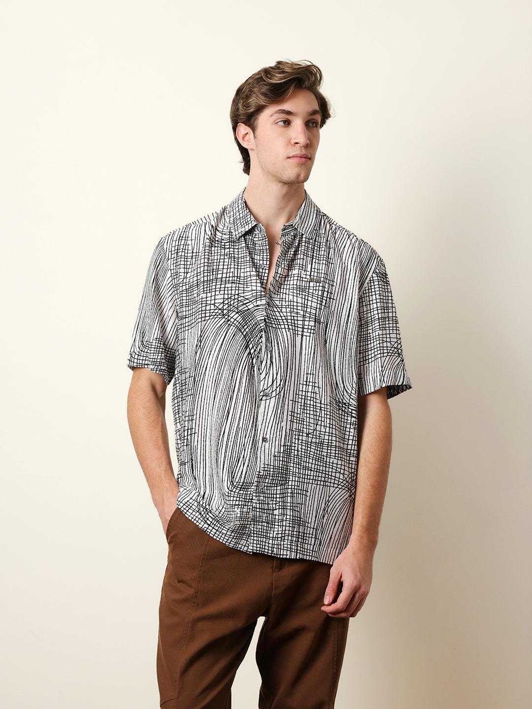 White & Black Abstract Line Print Relax Fit Casual Shirt