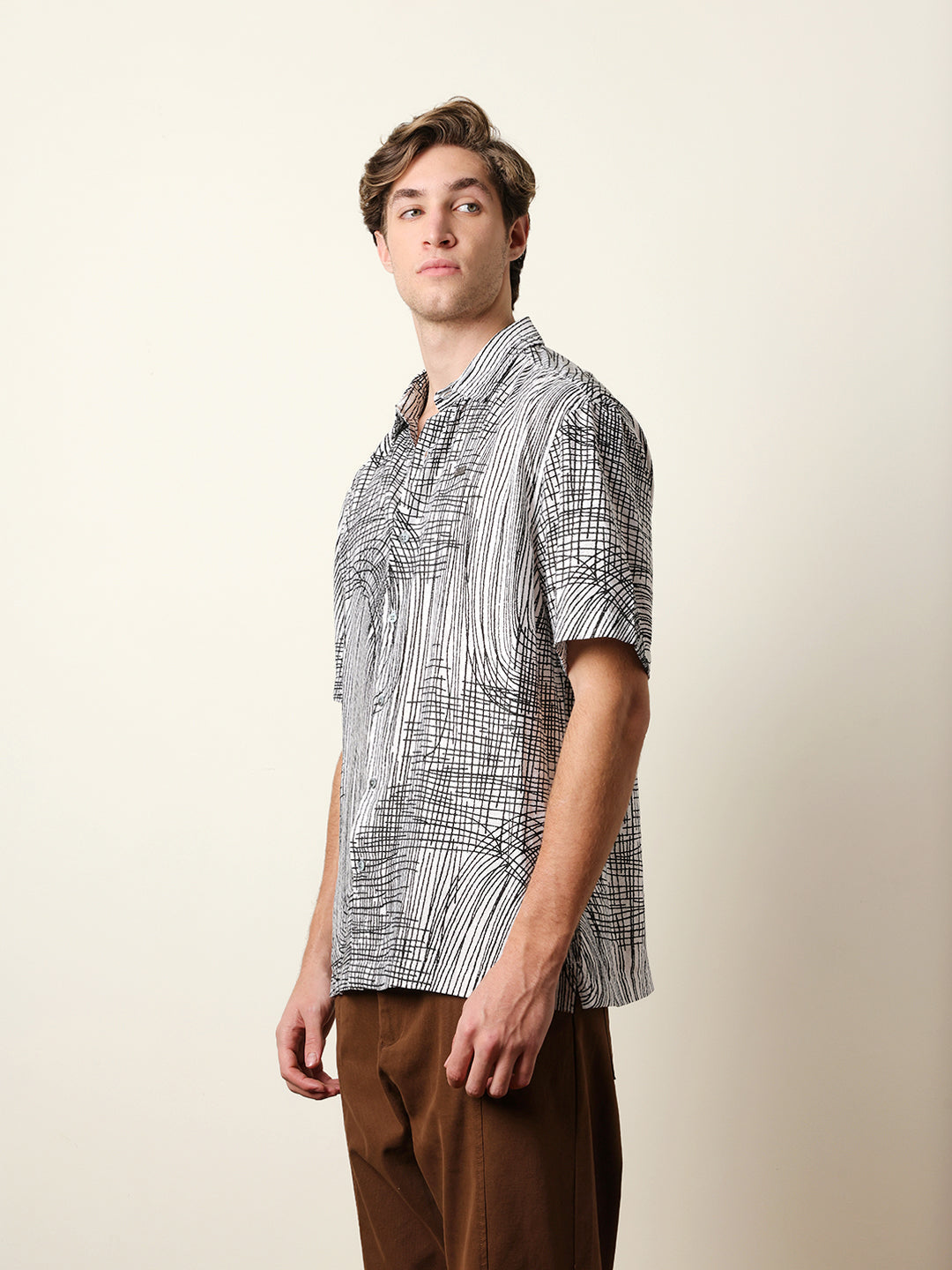 White & Black Abstract Line Print Relax Fit Casual Shirt