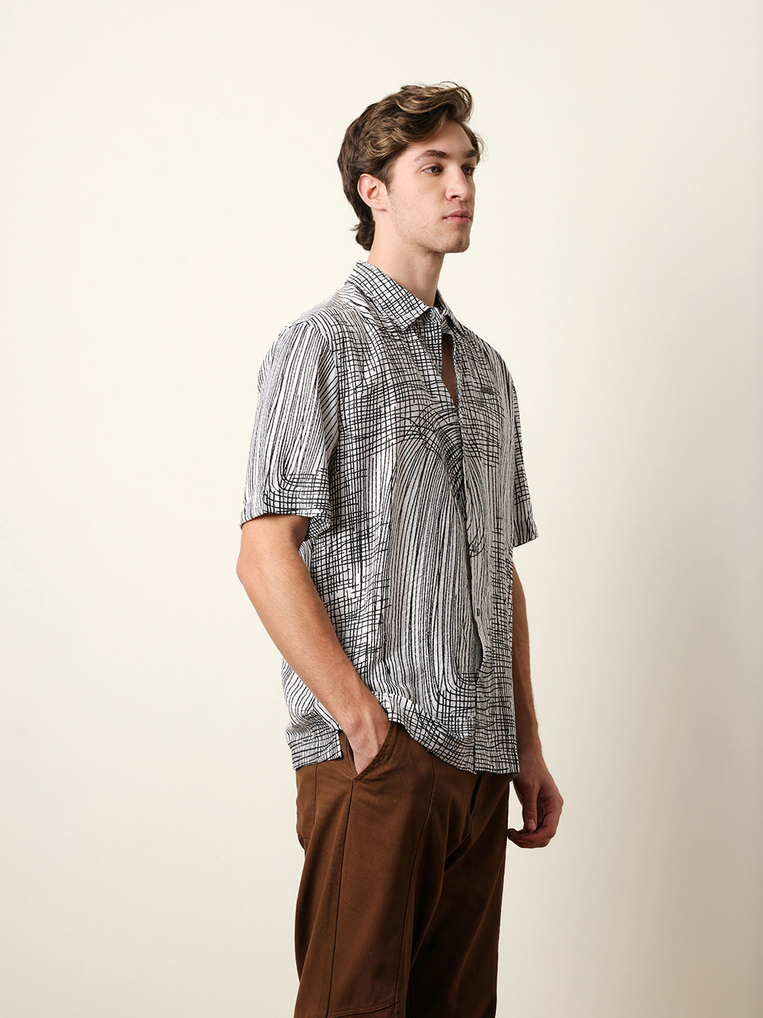 White & Black Abstract Line Print Relax Fit Casual Shirt