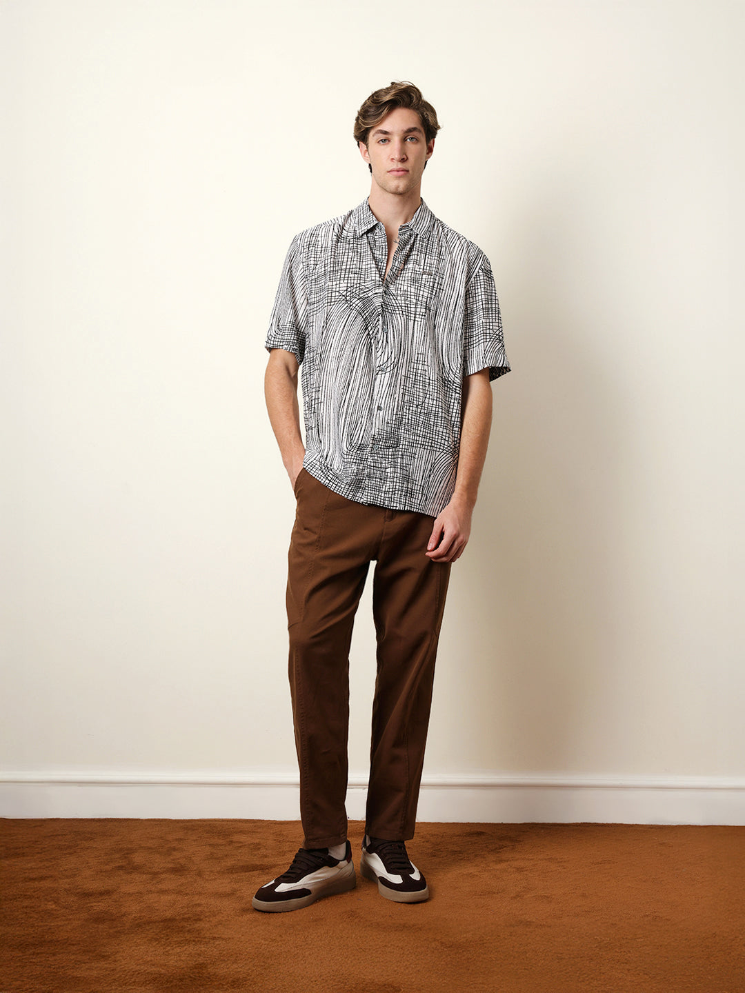 White & Black Abstract Line Print Relax Fit Casual Shirt