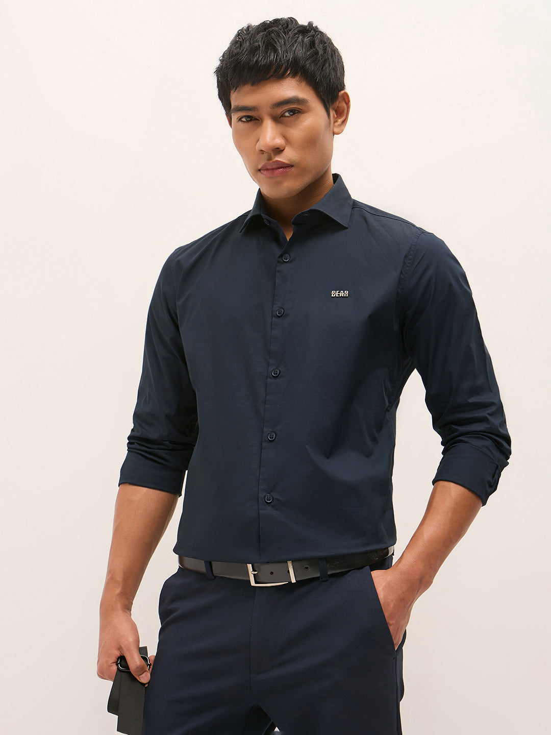 Navy Solid Tailored Fit Cotton Formal Shirt with Metallic Logo Branding