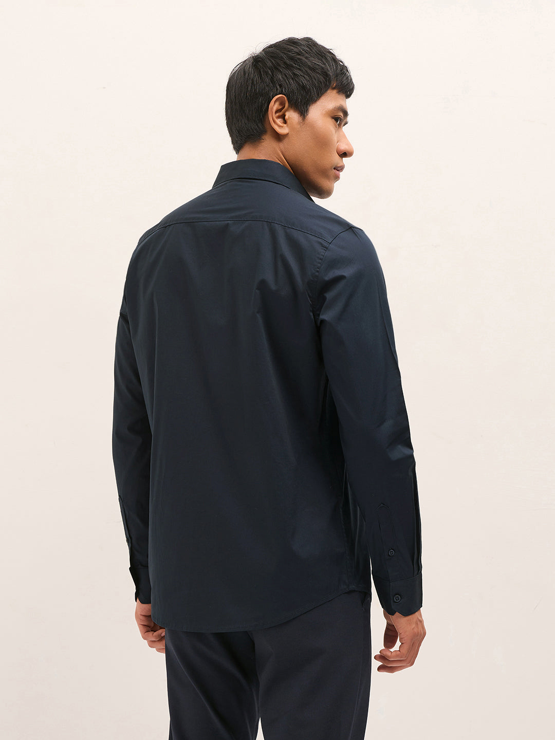 Navy Solid Tailored Fit Cotton Formal Shirt with Metallic Logo Branding