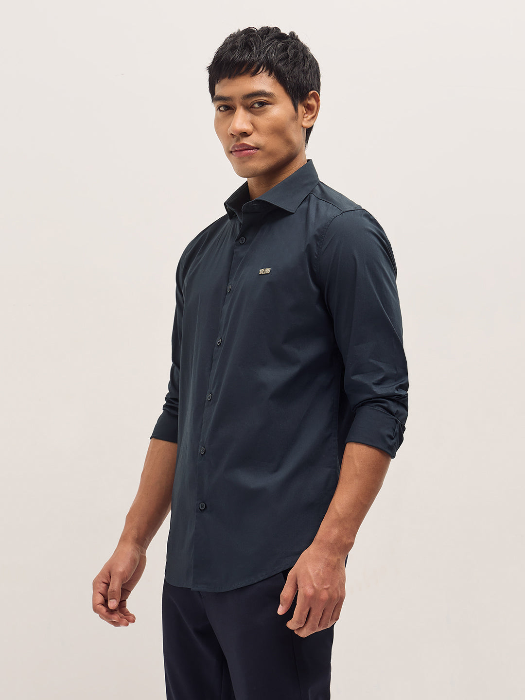Navy Solid Tailored Fit Cotton Formal Shirt with Metallic Logo Branding