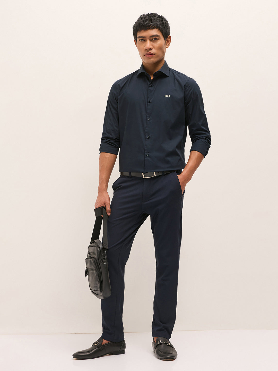 Navy Solid Tailored Fit Cotton Formal Shirt with Metallic Logo Branding