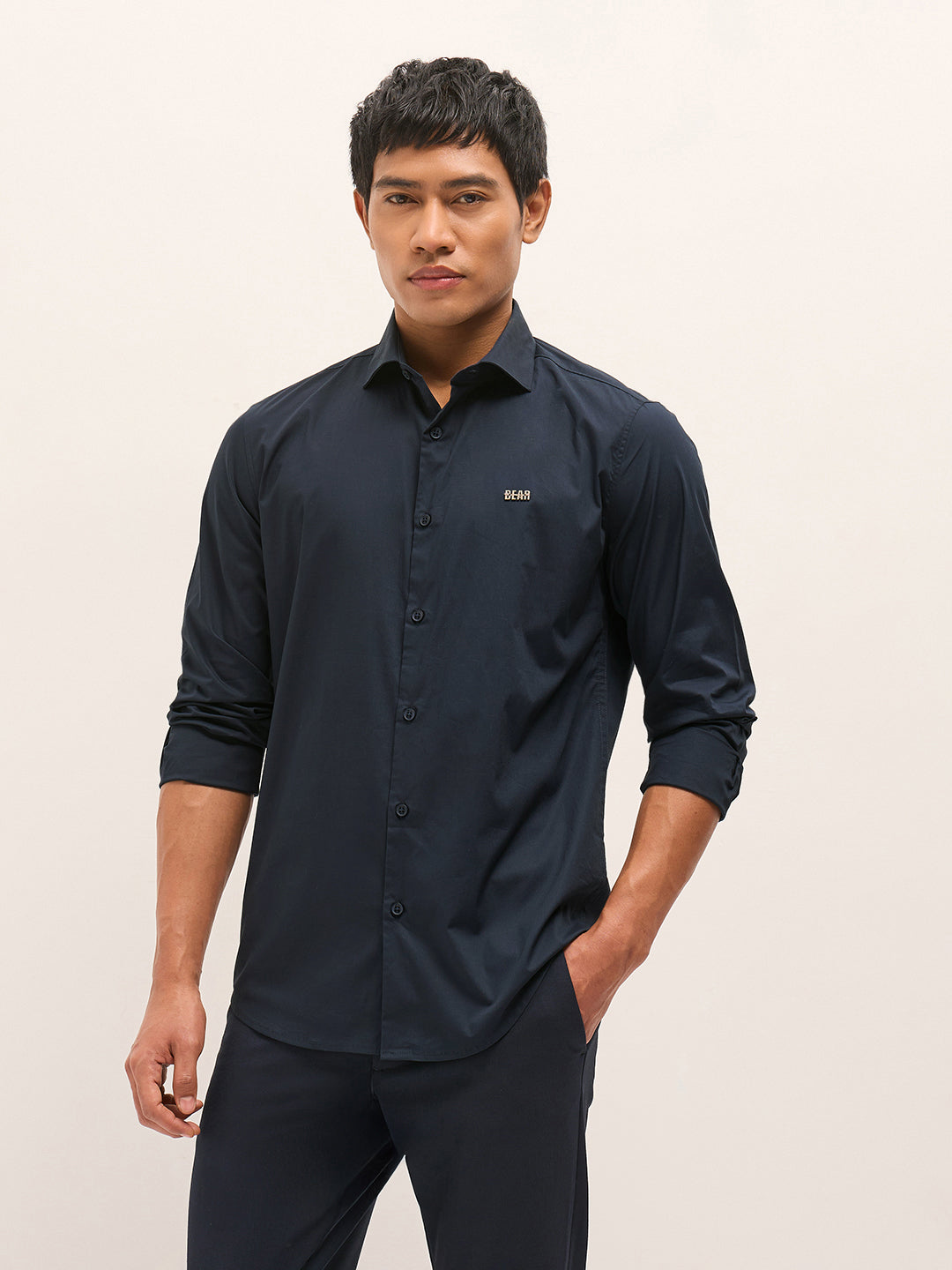 Navy Solid Tailored Fit Cotton Formal Shirt with Metallic Logo Branding