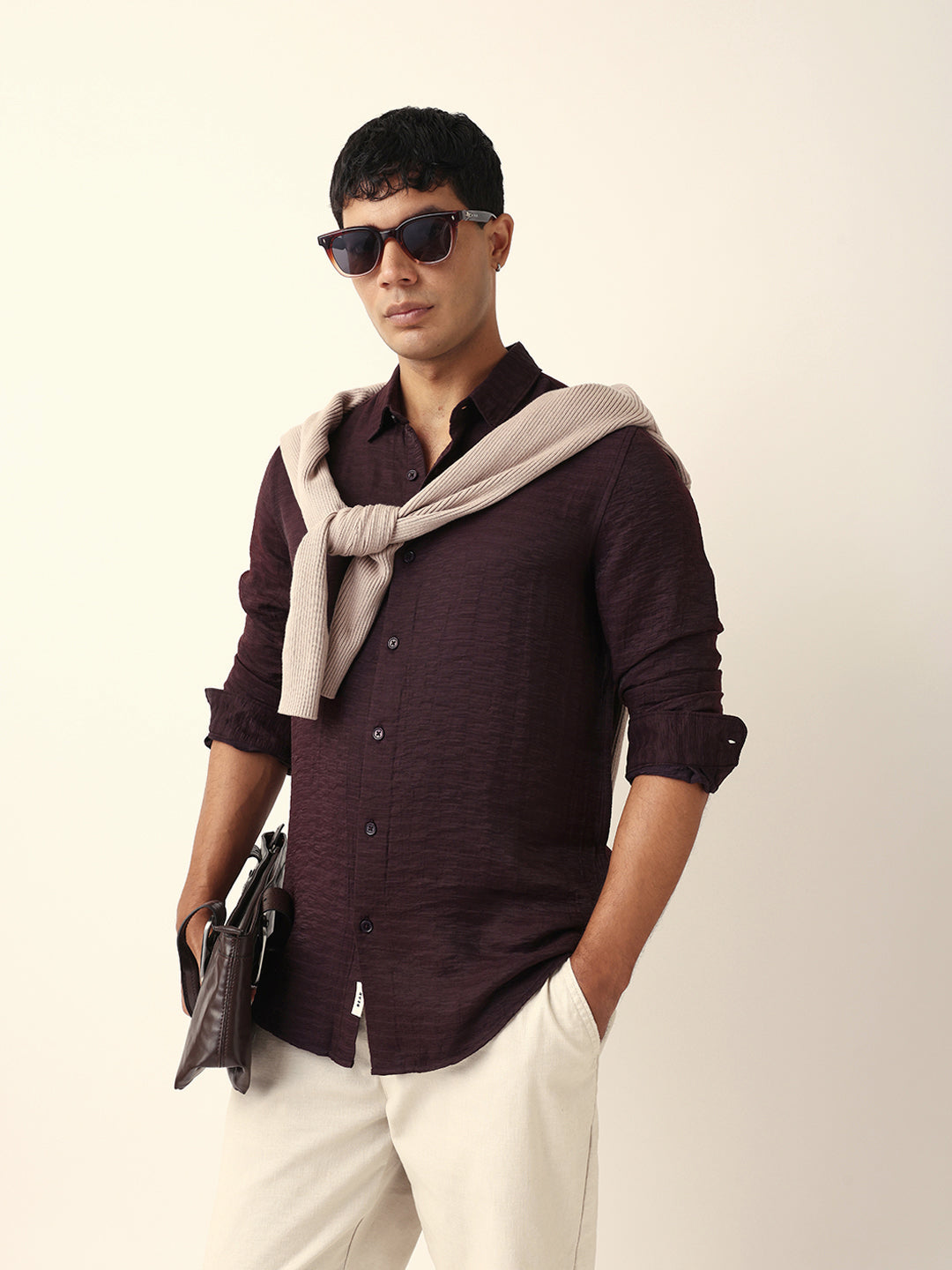 Deep Maroon Crinkle Textured Slim Fit Casual Shirt