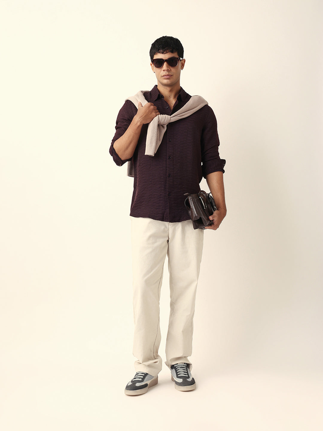 Deep Maroon Crinkle Textured Slim Fit Casual Shirt