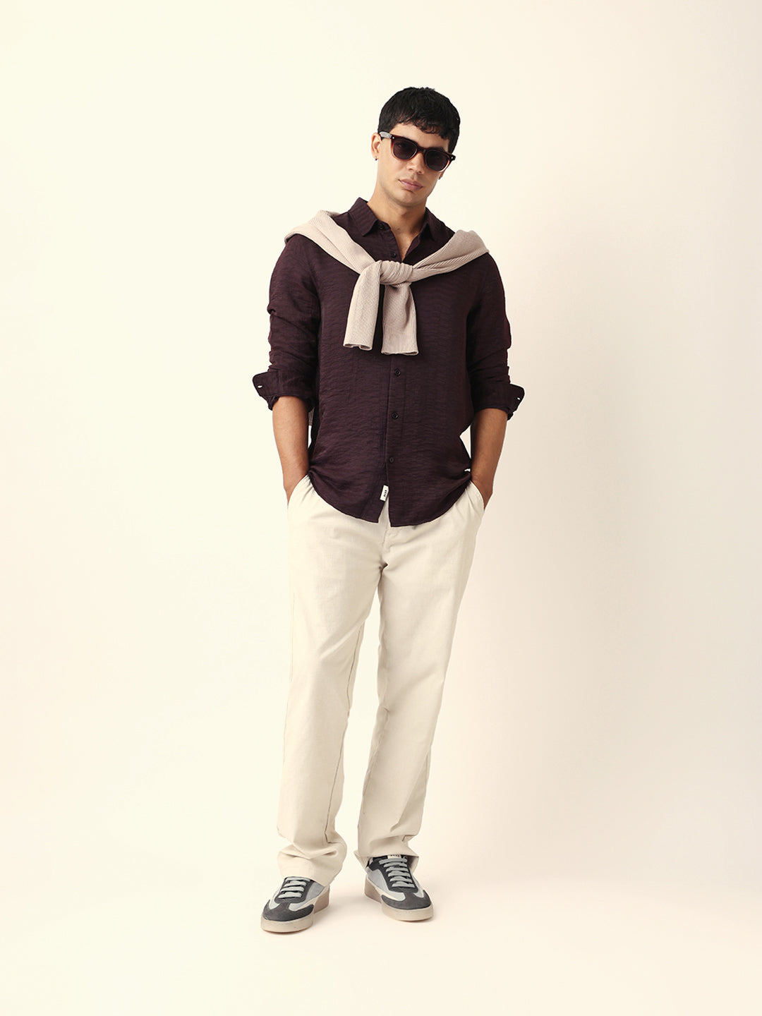 Deep Maroon Crinkle Textured Slim Fit Casual Shirt