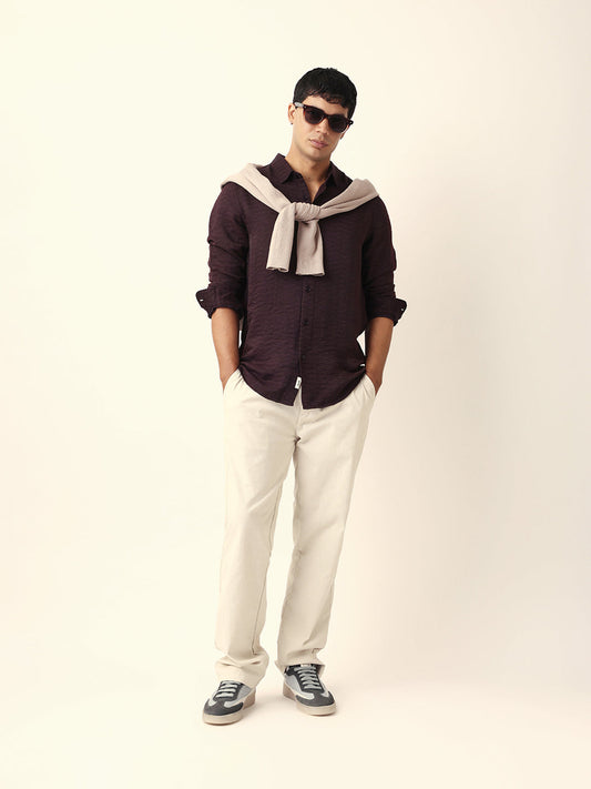 Deep Maroon Crinkle Textured Slim Fit Casual Shirt