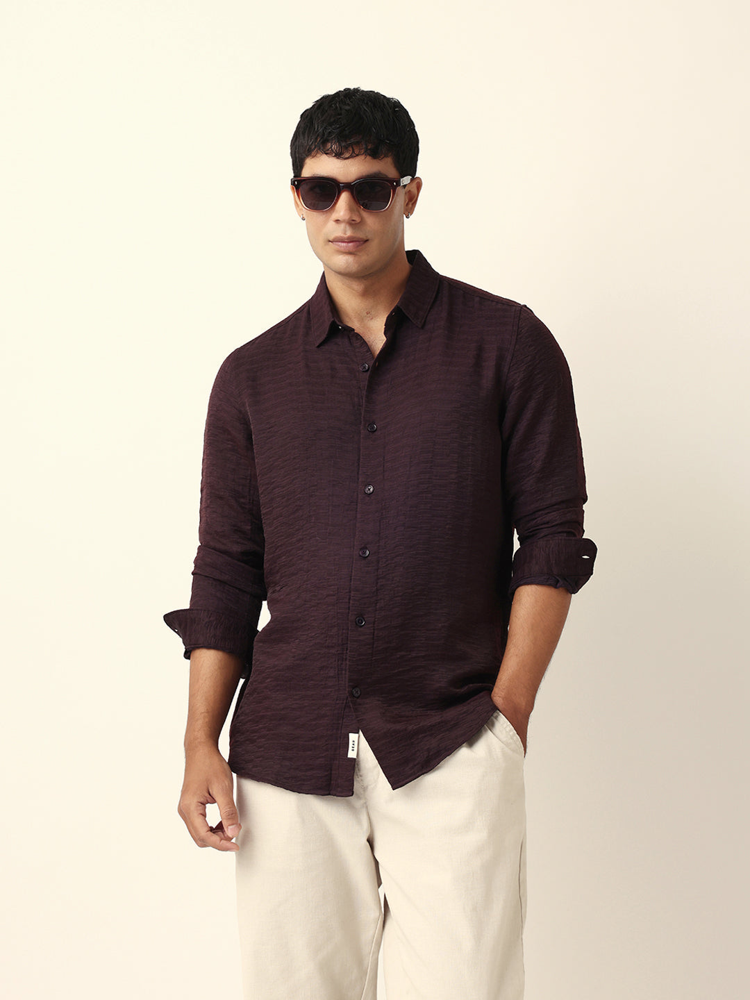 Deep Maroon Crinkle Textured Slim Fit Casual Shirt