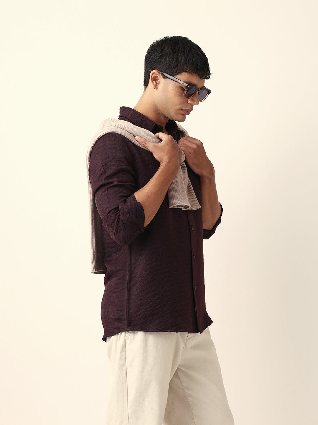 Deep Maroon Crinkle Textured Slim Fit Casual Shirt