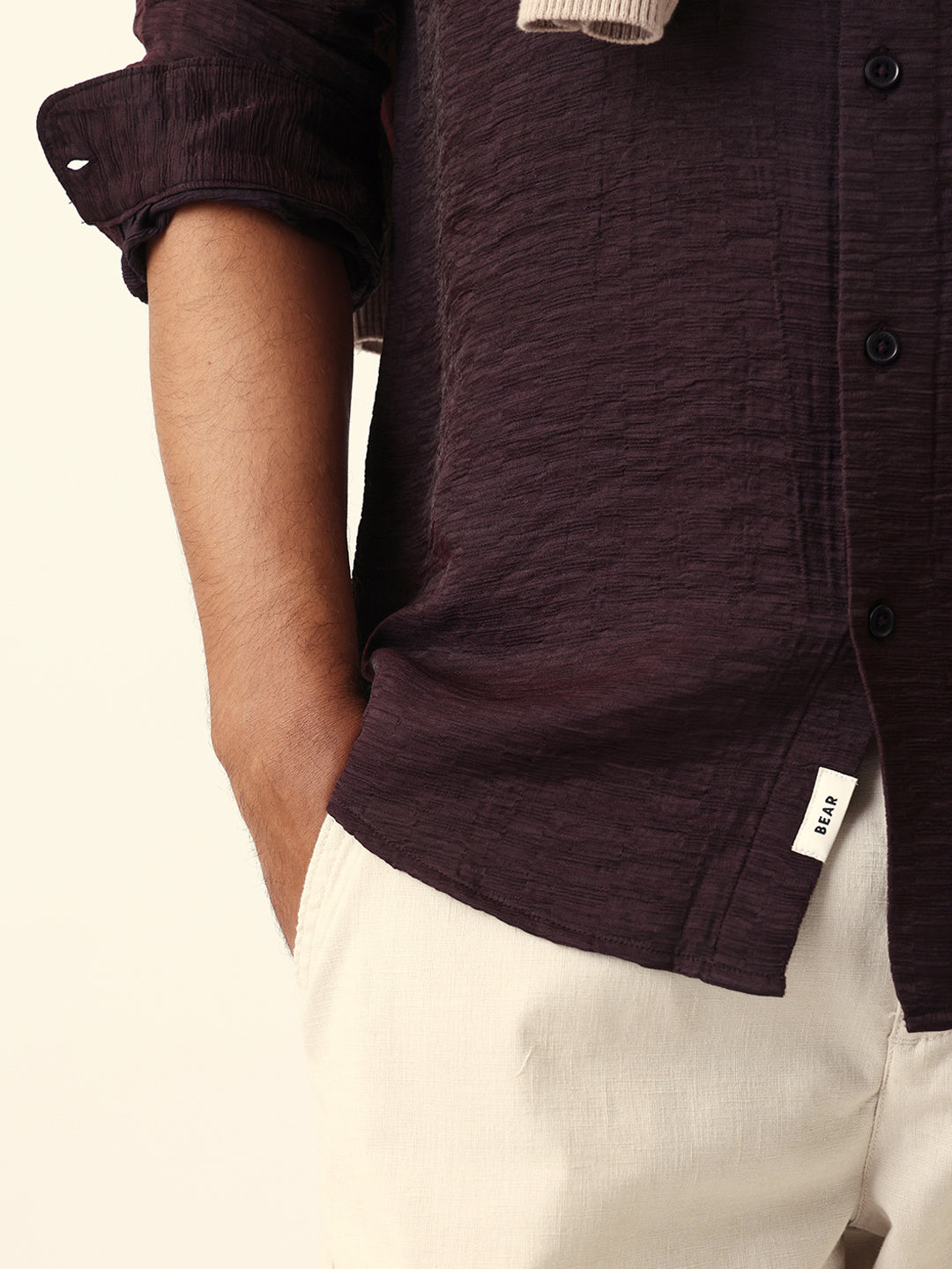 Deep Maroon Crinkle Textured Slim Fit Casual Shirt