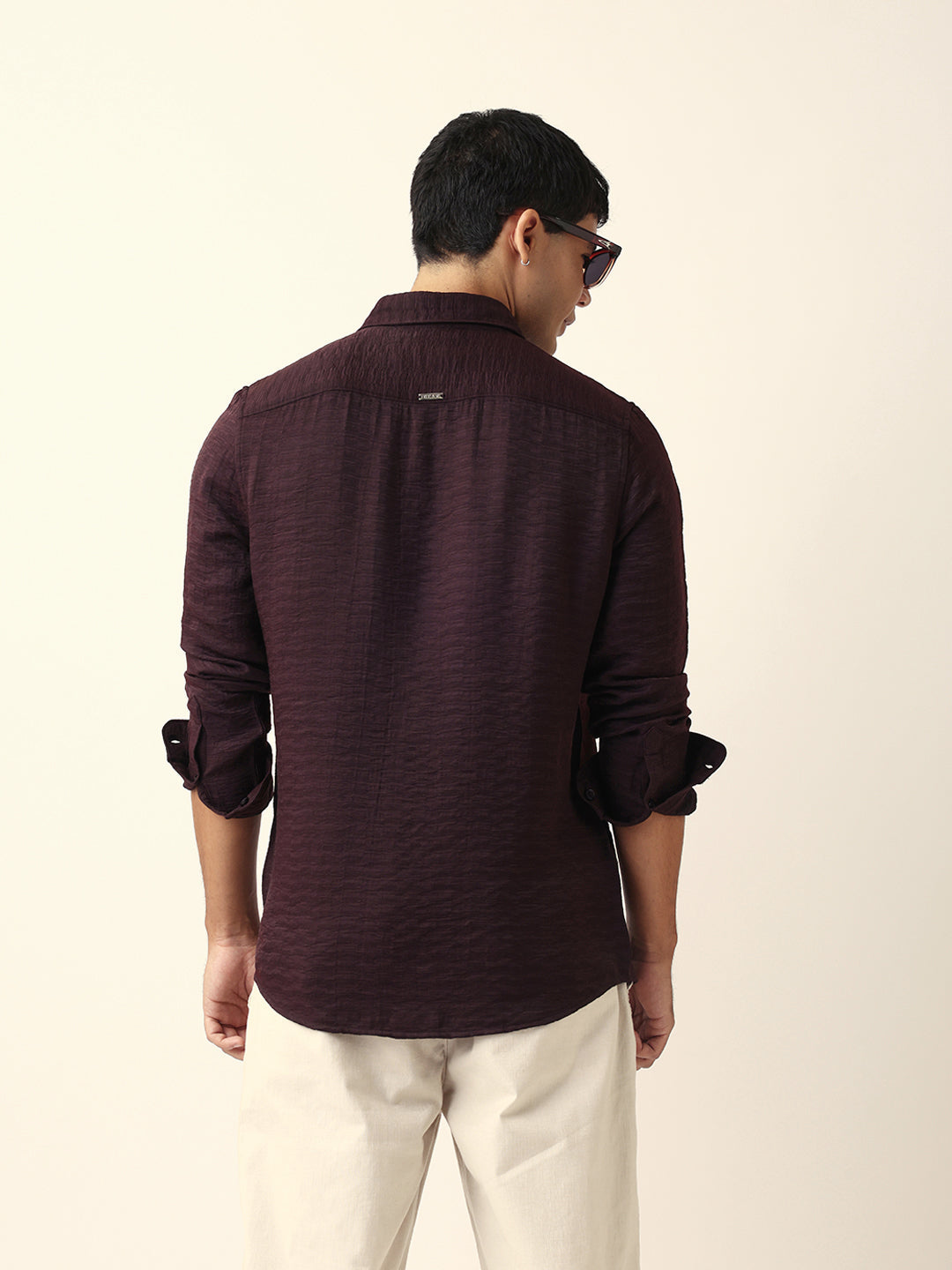 Deep Maroon Crinkle Textured Slim Fit Casual Shirt