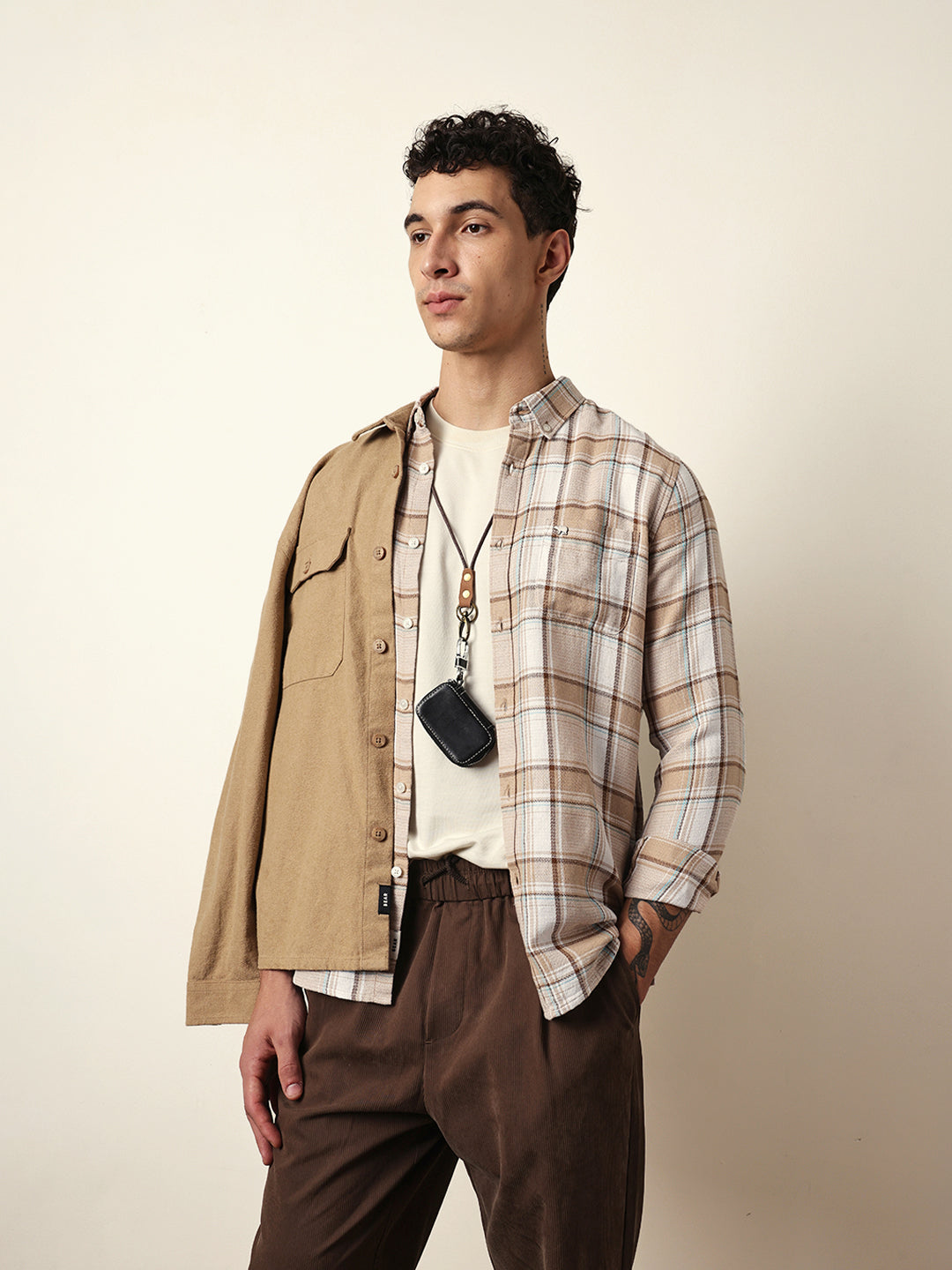 Beige Textured Woven Check Slim Fit Casual Shirt