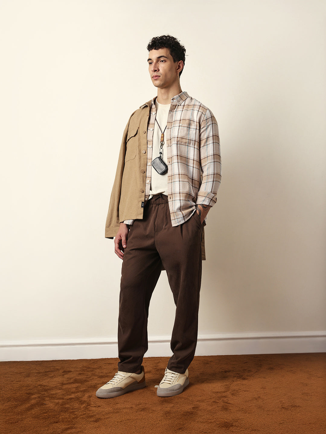 Beige Textured Woven Check Slim Fit Casual Shirt