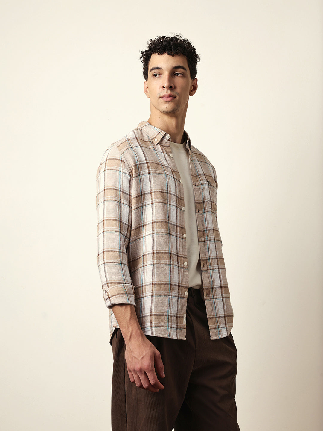 Beige Textured Woven Check Slim Fit Casual Shirt