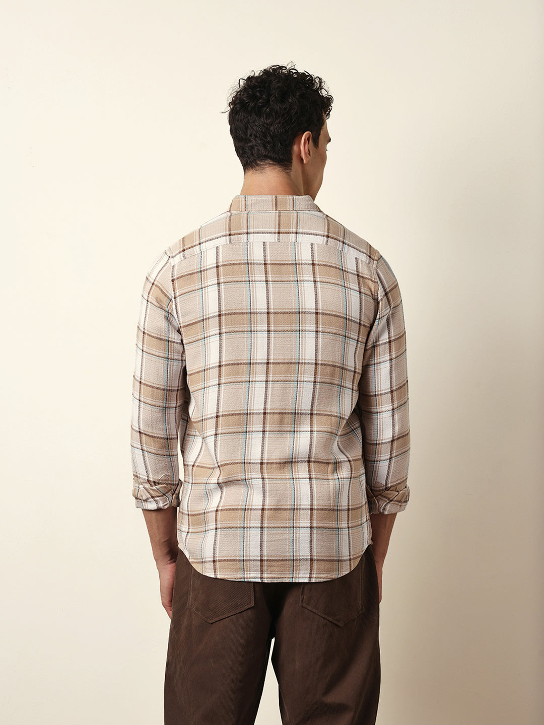 Beige Textured Woven Check Slim Fit Casual Shirt