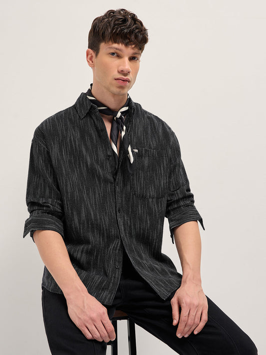 Black Woven Pinstripe Relaxed Fit Overshirt