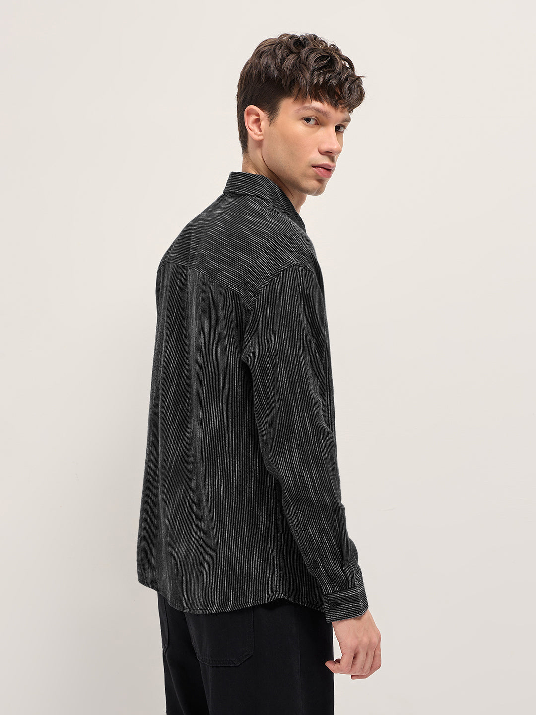 Black Woven Pinstripe Relaxed Fit Overshirt