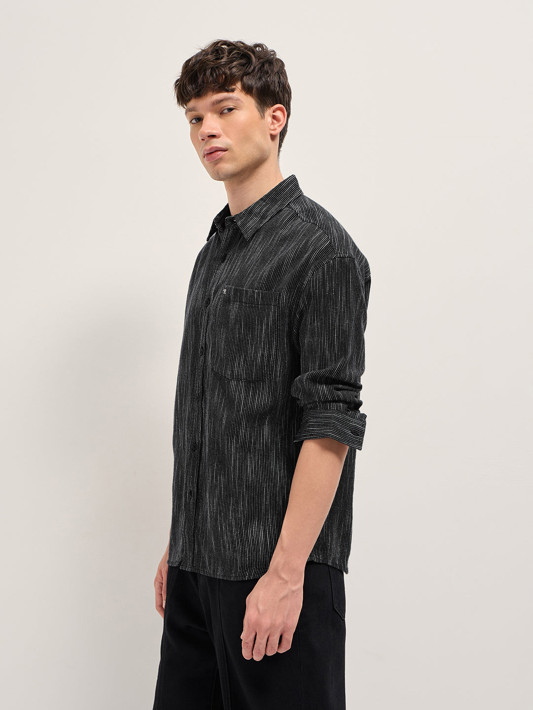 Black Woven Pinstripe Relaxed Fit Overshirt