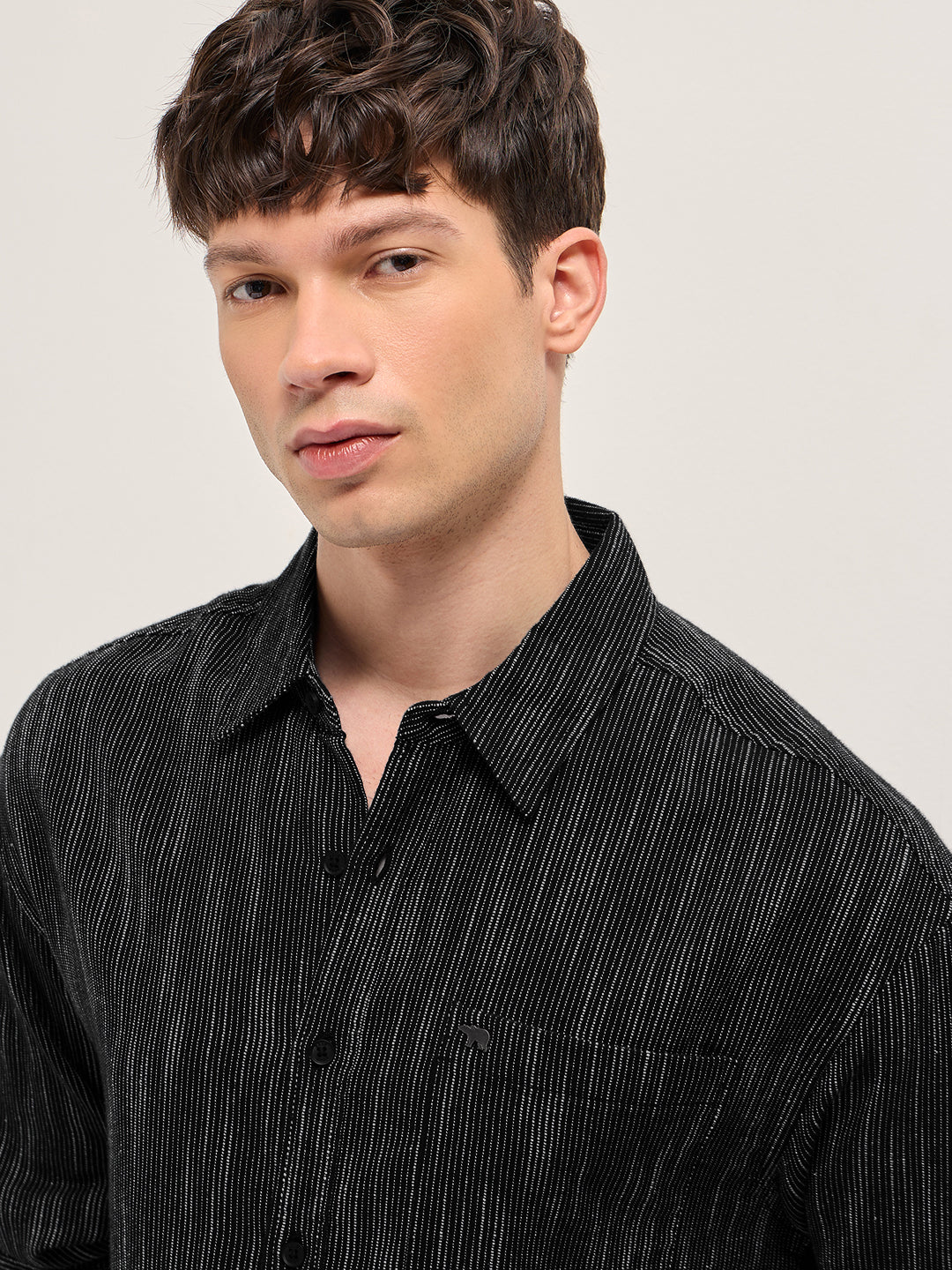 Black Woven Pinstripe Relaxed Fit Overshirt