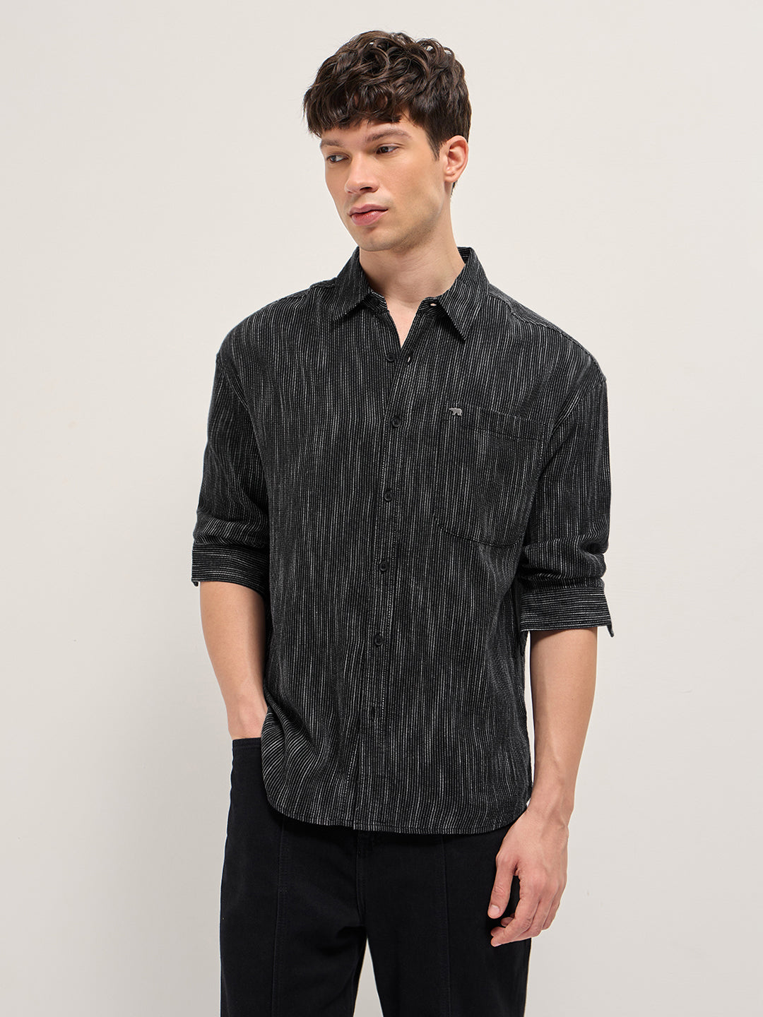 Black Woven Pinstripe Relaxed Fit Overshirt
