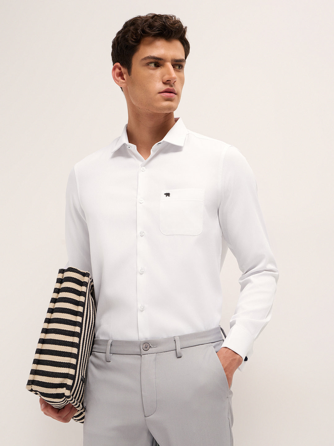 White Woven Textured Tailored Fit Formal Shirt with French Cuffs