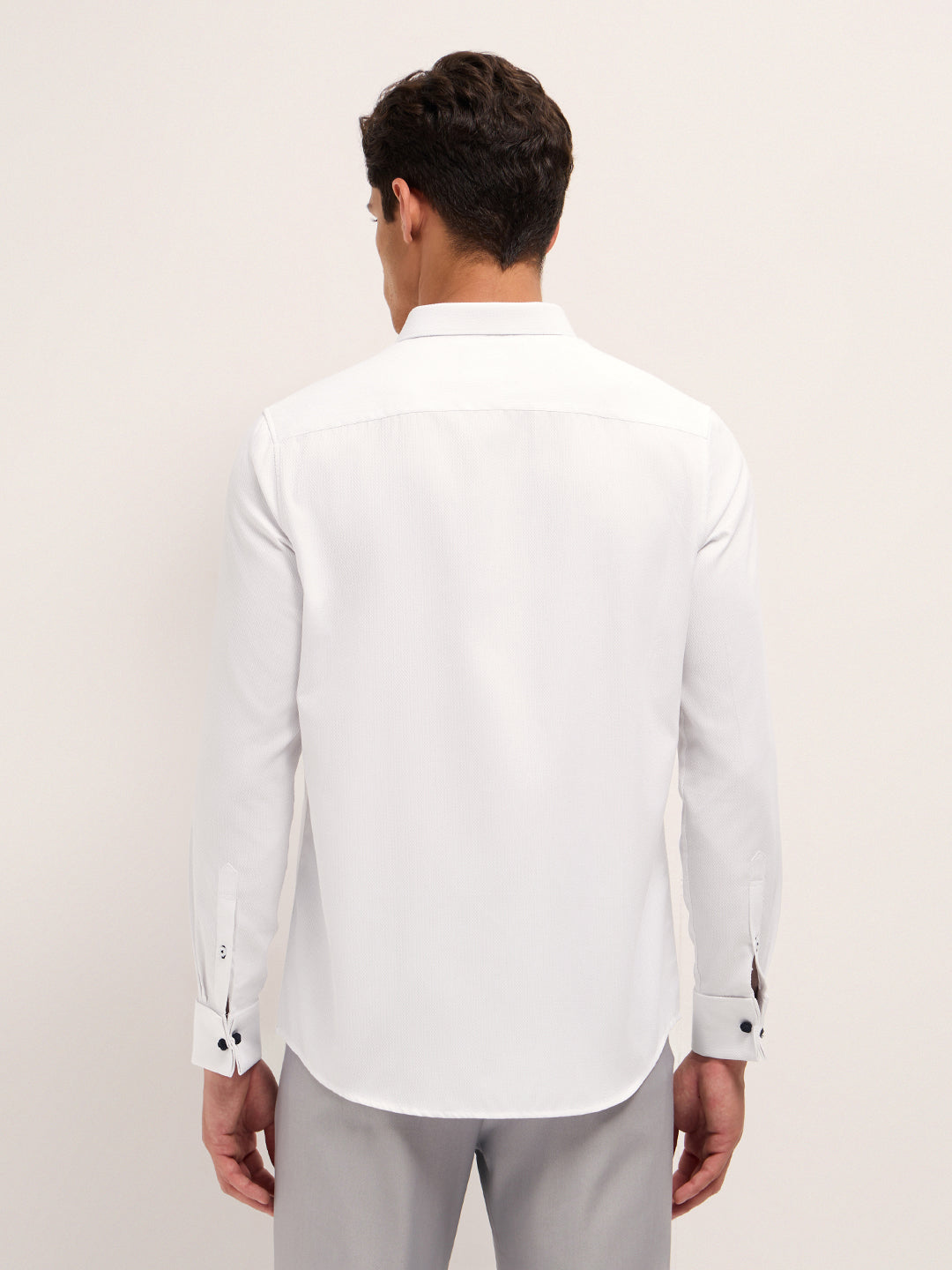 White Woven Textured Tailored Fit Formal Shirt with French Cuffs