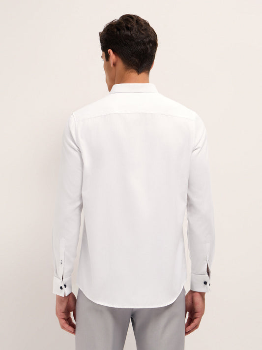 White Woven Textured Tailored Fit Formal Shirt with French Cuffs