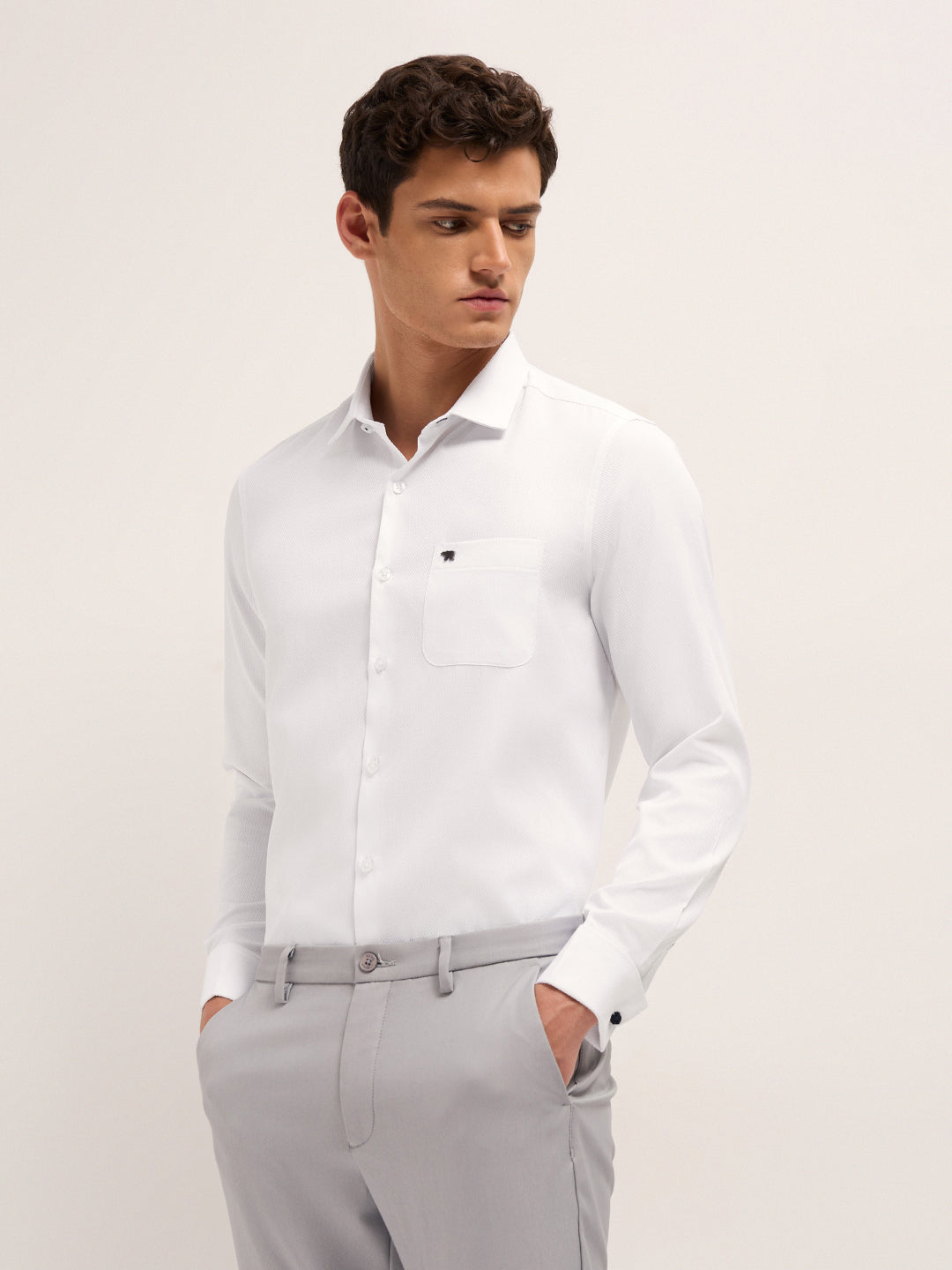 White Woven Textured Tailored Fit Formal Shirt with French Cuffs