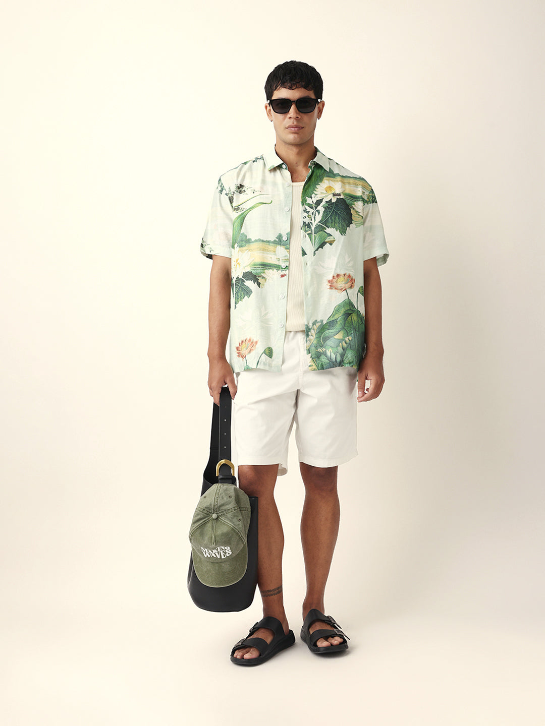 Mint Green Tropical Lotus Garden Printed Relaxed Fit Short Sleeve Shirt