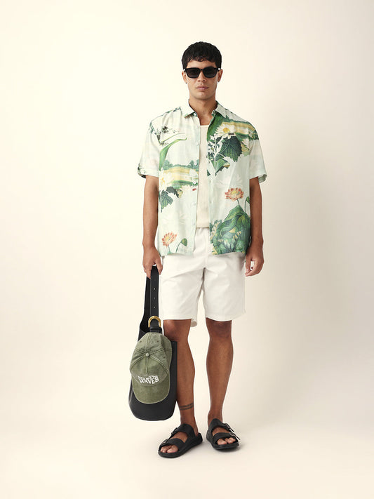 Mint Green Tropical Lotus Garden Printed Relaxed Fit Short Sleeve Shirt