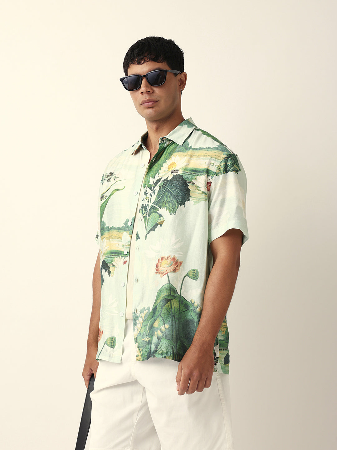 Mint Green Tropical Lotus Garden Printed Relaxed Fit Short Sleeve Shirt
