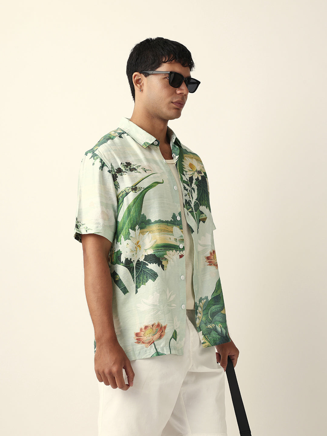 Mint Green Tropical Lotus Garden Printed Relaxed Fit Short Sleeve Shirt