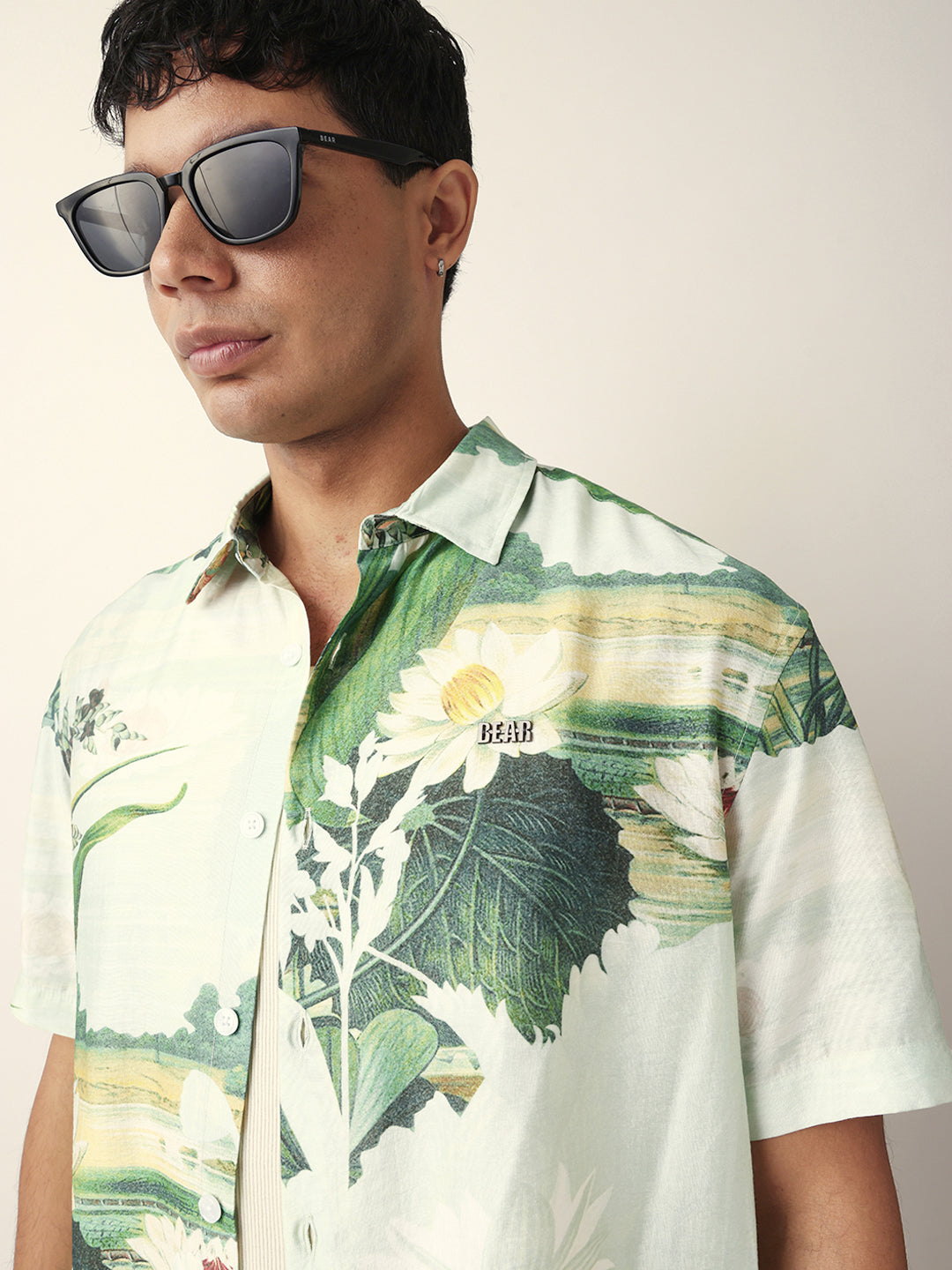 Mint Green Tropical Lotus Garden Printed Relaxed Fit Short Sleeve Shirt
