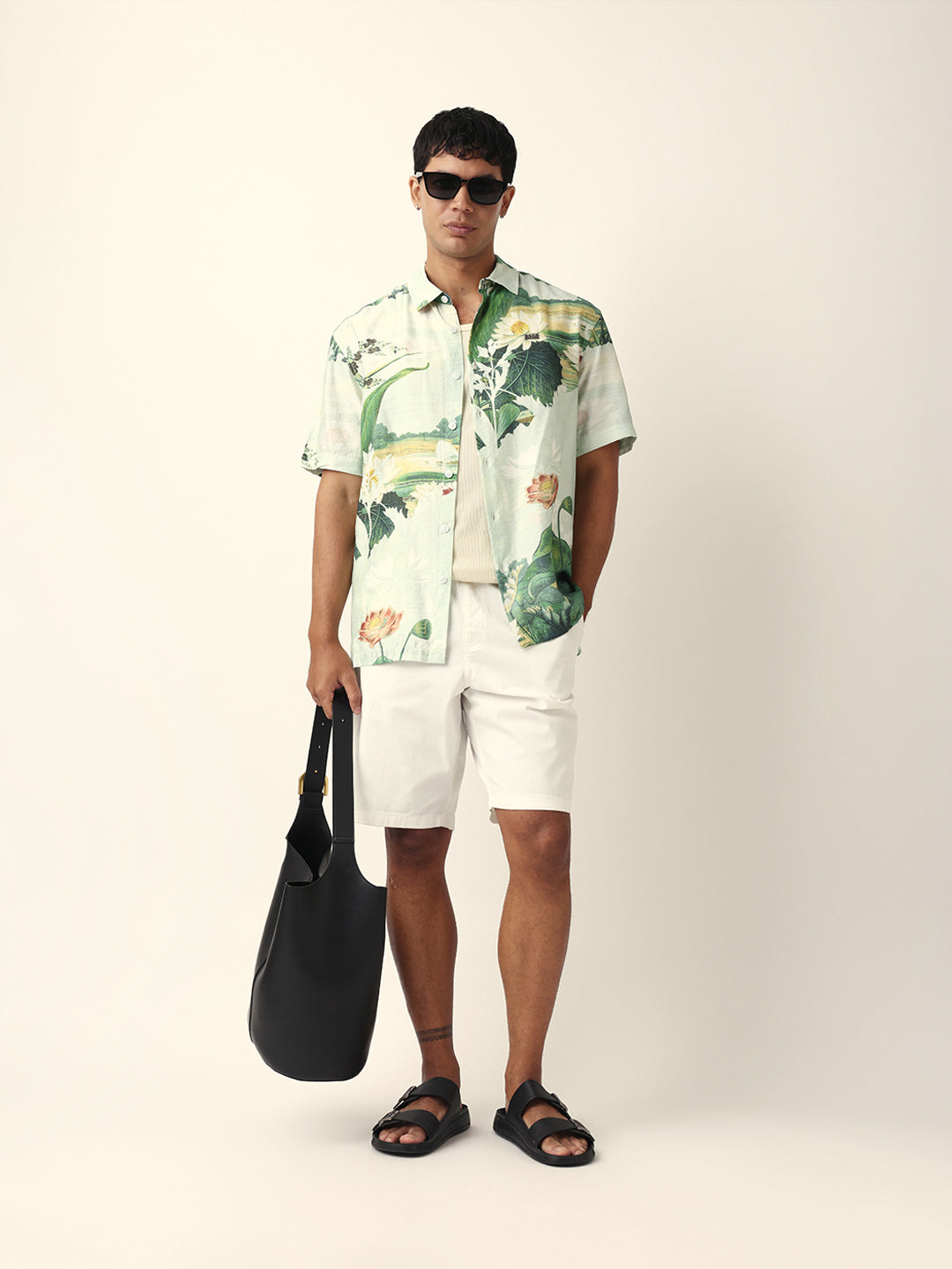 Mint Green Tropical Lotus Garden Printed Relaxed Fit Short Sleeve Shirt