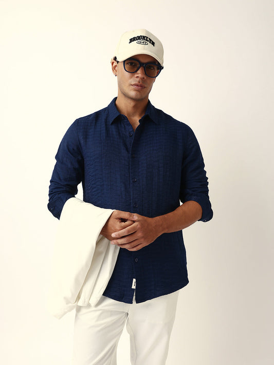 Blue Crinkle Textured Slim Fit Casual Shirt